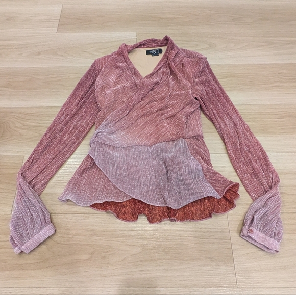 PatBo - Pink Metallic Wrap Shiny Long Sleeve Blouse - Size L - Picture 1 of 9